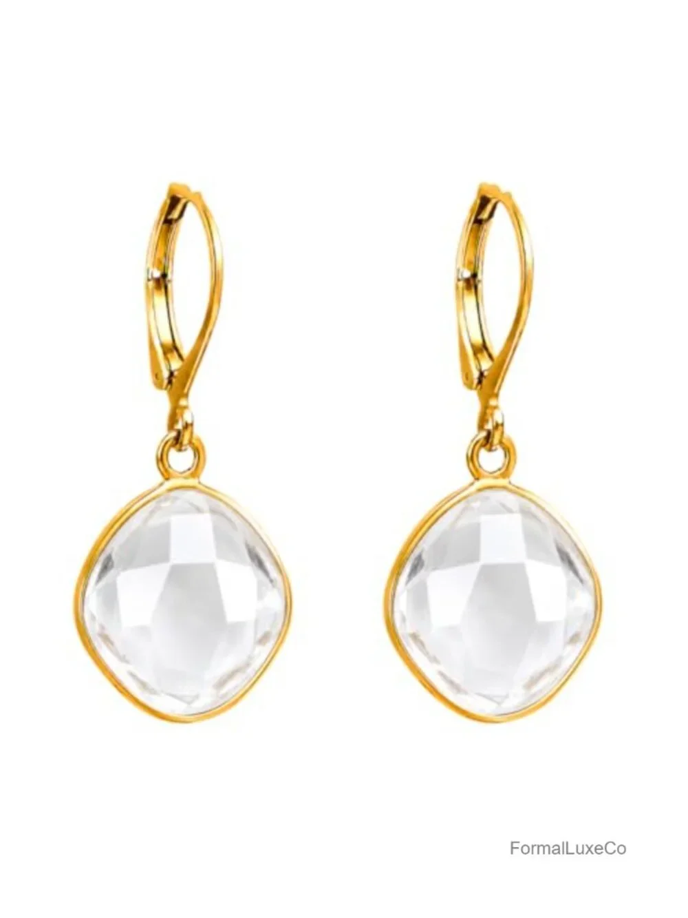 Genuine Clear Quartz Leverback Drop Earrings for Women, Gold Dangle Crystal